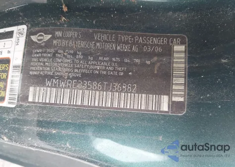 2006 Mini Cooper S из США, поврежденный, VIN WMWRE33586TJ36382